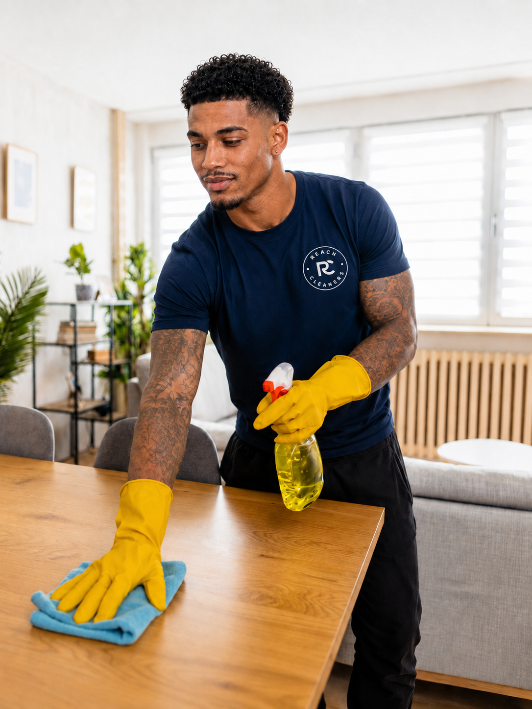Reach Cleaners team member wiping down a dining table in a London living room