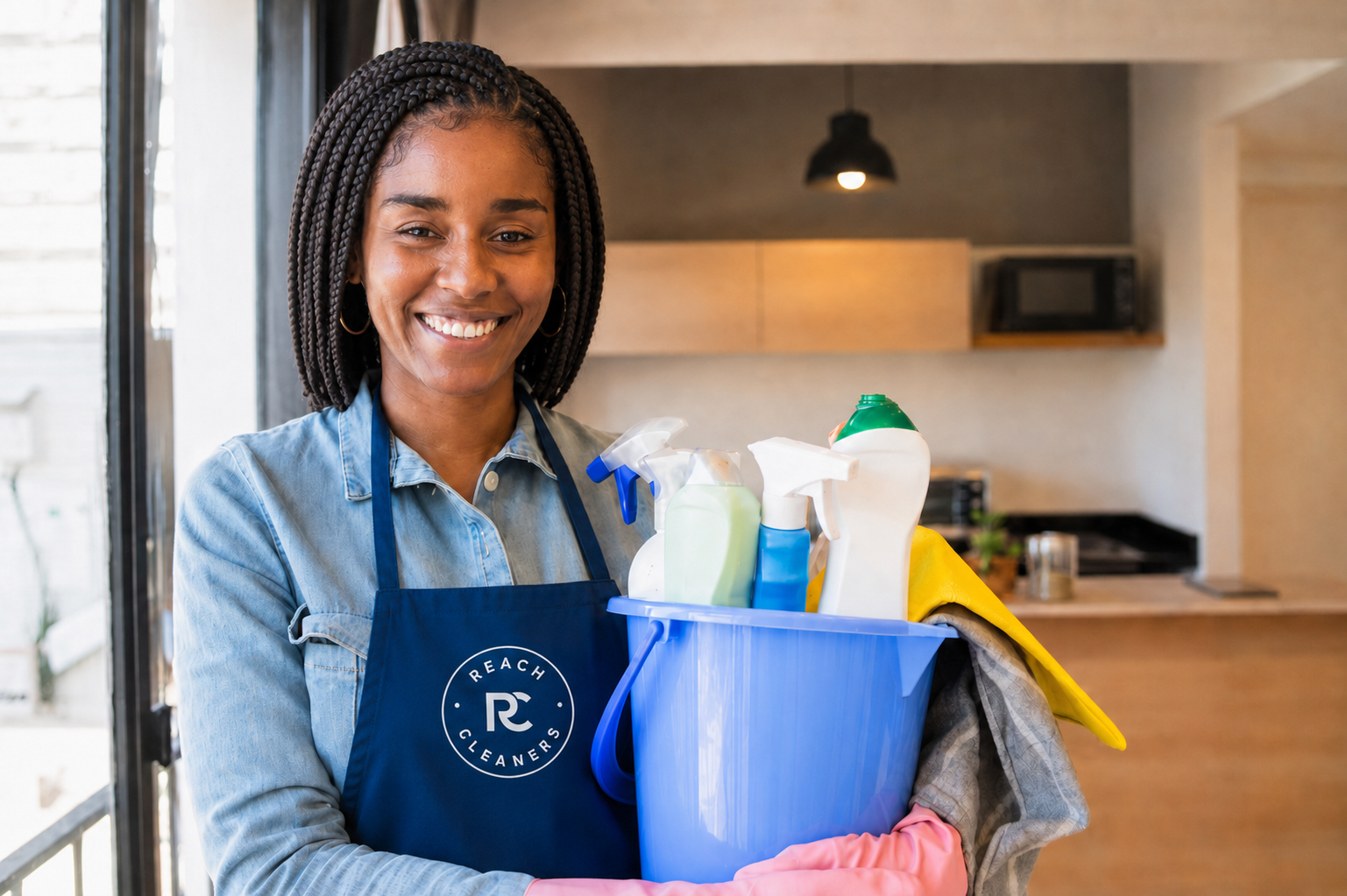 Reach Cleaners professional with cleaning kit in a bright London kitchen